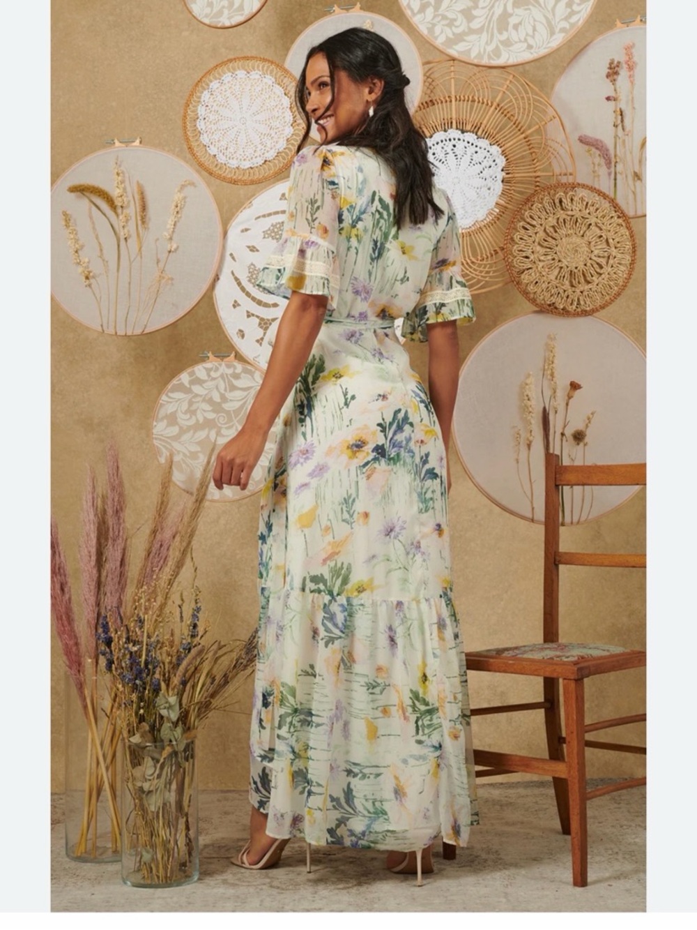 Hope & Ivy The Flora Maxi Wrap Dress Meadow Floral Flutter Sleeve Lace Trim NWT